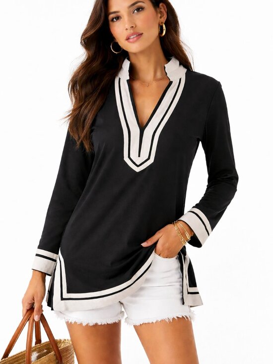 Tory Burch Tops - Tory Burch Women’s Tunic Top Size S Black Off White Trim Preppy Boho Cotton